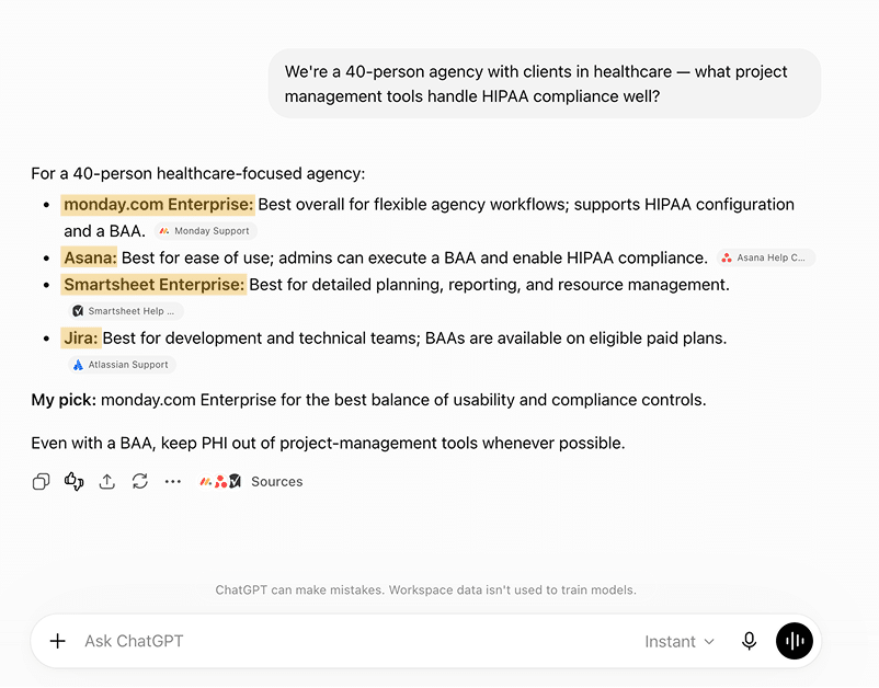 AI chatbot response recommending a shortlist of software vendors.