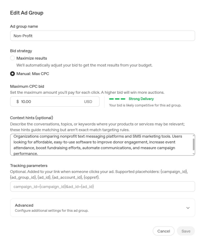 Edit Ad Group Screenshot