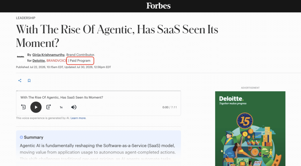 Forbes article "With The Rise Of Agentic, Has SaaS Seen Its Moment?"